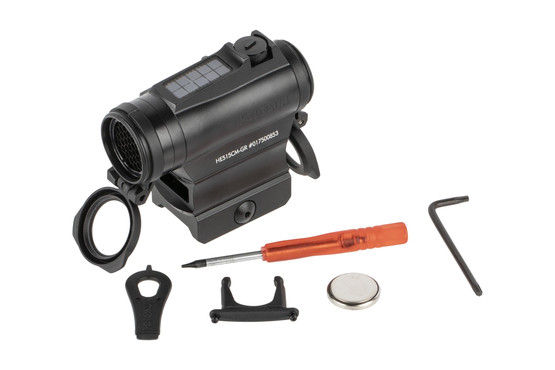 Holosun HE515CM microdot with green reticle includes a CR2032 battery and tools.